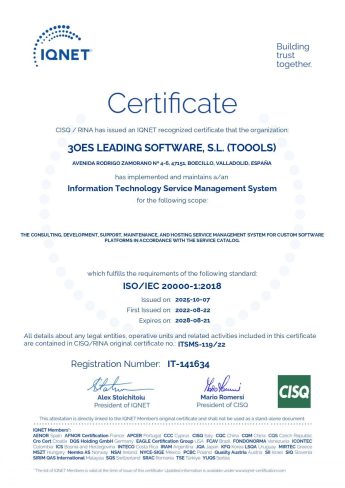 CERTIFICADO 3OES LEADING SOFTWARE ISO 20000 IQNet [2025] page 0001